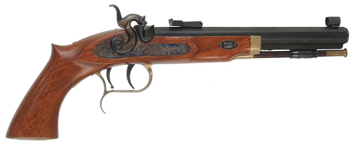T/C Patriot Pistol,
.45 caliber, 9" barrel, 
percussion, walnut, brass trim, 
used by Thompson Center Arms
