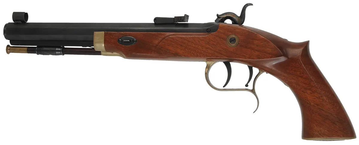 T/C Patriot Pistol,
.45 caliber, 9" barrel, 
percussion, walnut, brass trim, 
used by Thompson Center Arms
