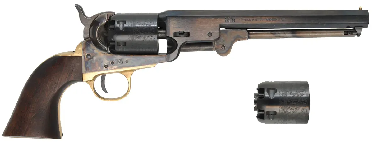 1851 Navy Percussion Revolver,
.36 caliber, 7-1/2" barrel, 
color hardened steel frame, walnut, extra cylinder,
used, with factory box, by Pietta