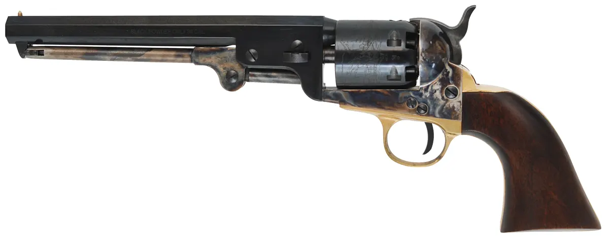 1851 Navy Percussion Revolver,
.36 caliber, 7-1/2" barrel, 
color hardened steel frame, walnut, extra cylinder,
used, with factory box, by Pietta