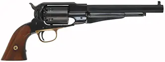 1858 Remington New Model Army Revolver,
.44 caliber, 8" barrel,
percussion, blued steel frame,
used, imported by Navy Arms Co. 1858 Remington New Model Army Revolver,
.44 caliber, 8" barrel,
percussion, blued steel frame,
used, imported by Navy Arms Co.