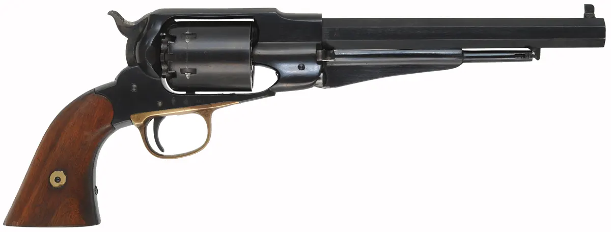 1858 Remington New Model Army Revolver,
.44 caliber, 8" barrel, 
percussion, blued steel frame, 
used, imported by Navy Arms Co.