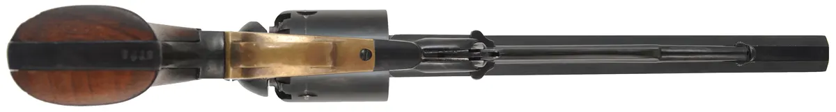 1858 Remington New Model Army Revolver,
.44 caliber, 8" barrel, 
percussion, blued steel frame, 
used, imported by Navy Arms Co.