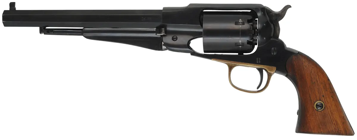 1858 Remington New Model Army Revolver,
.44 caliber, 8" barrel, 
percussion, blued steel frame, 
used, imported by Navy Arms Co.