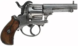 Pin Fire Revolver,
caliber 11mm pin fire, 3-1/4" barrel,
walnut handle, Belgian proof marks, antique