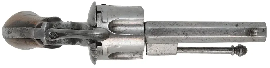 Pin Fire Revolver,
caliber 11mm pin fire, 3-1/4" barrel,
walnut handle, Belgian proof marks, antique