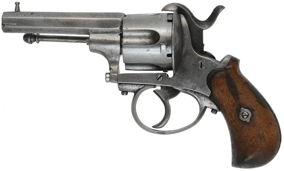 Pin Fire Revolver,
caliber 11mm pin fire, 3-1/4" barrel,
walnut handle, Belgian proof marks, antique