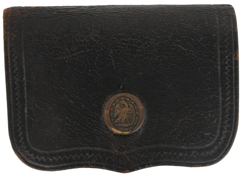 Antique Militia Cartridge Pouch,
 4-3/8" wide by 2-5/8" tall
leather, 13 tubes, brass button

