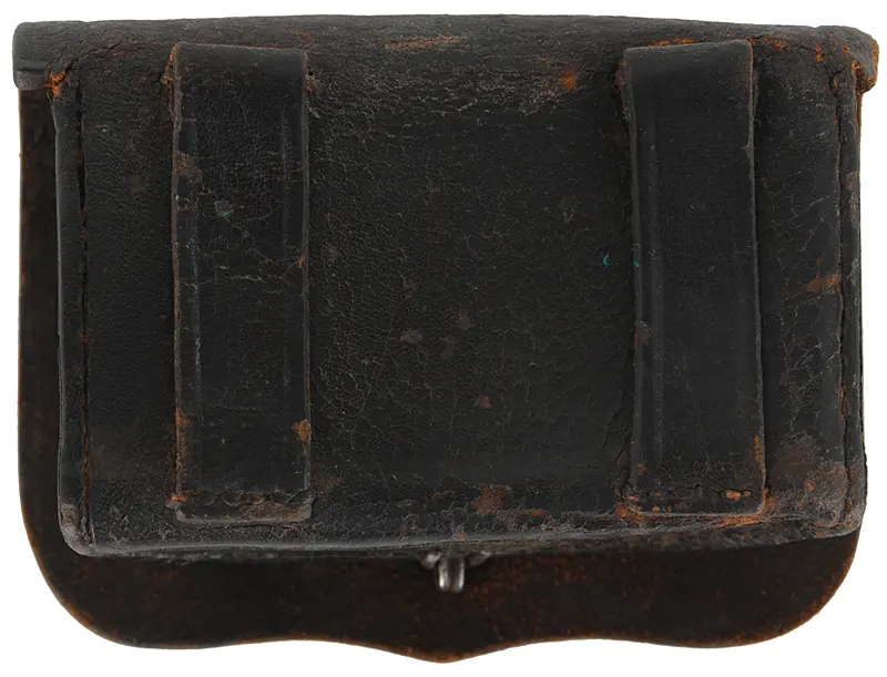 Antique Militia Cartridge Pouch,
 4-3/8" wide by 2-5/8" tall
leather, 13 tubes, brass button
