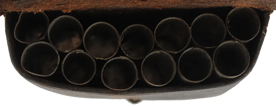 Antique Militia Cartridge Pouch,
 4-3/8" wide by 2-5/8" tall
leather, 13 tubes, brass button
