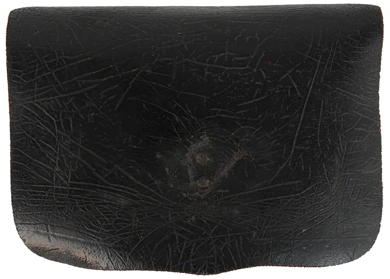 Antique Militia Cartridge Pouch,
4-5/8" wide by 2-3/4" tall, 
leather, 13 tubes, missing button
