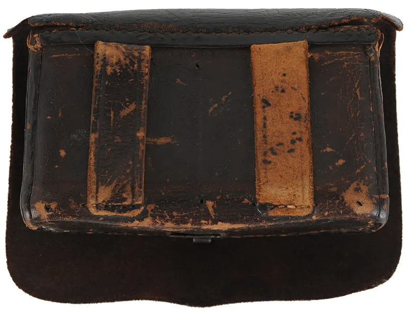 Antique Militia Cartridge Pouch,
4-5/8" wide by 2-3/4" tall, 
leather, 13 tubes, missing button
