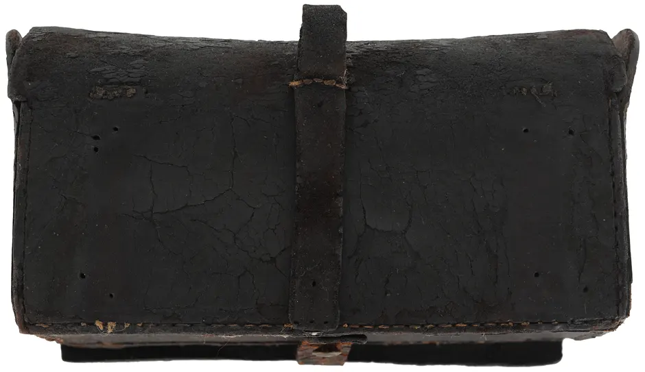 Antique Militia Cartridge Pouch,
fragile leather, wood block, missing belt loops