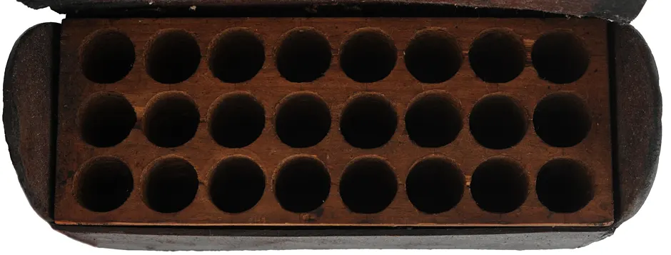 Antique Militia Cartridge Pouch,
fragile leather, wood block, missing belt loops