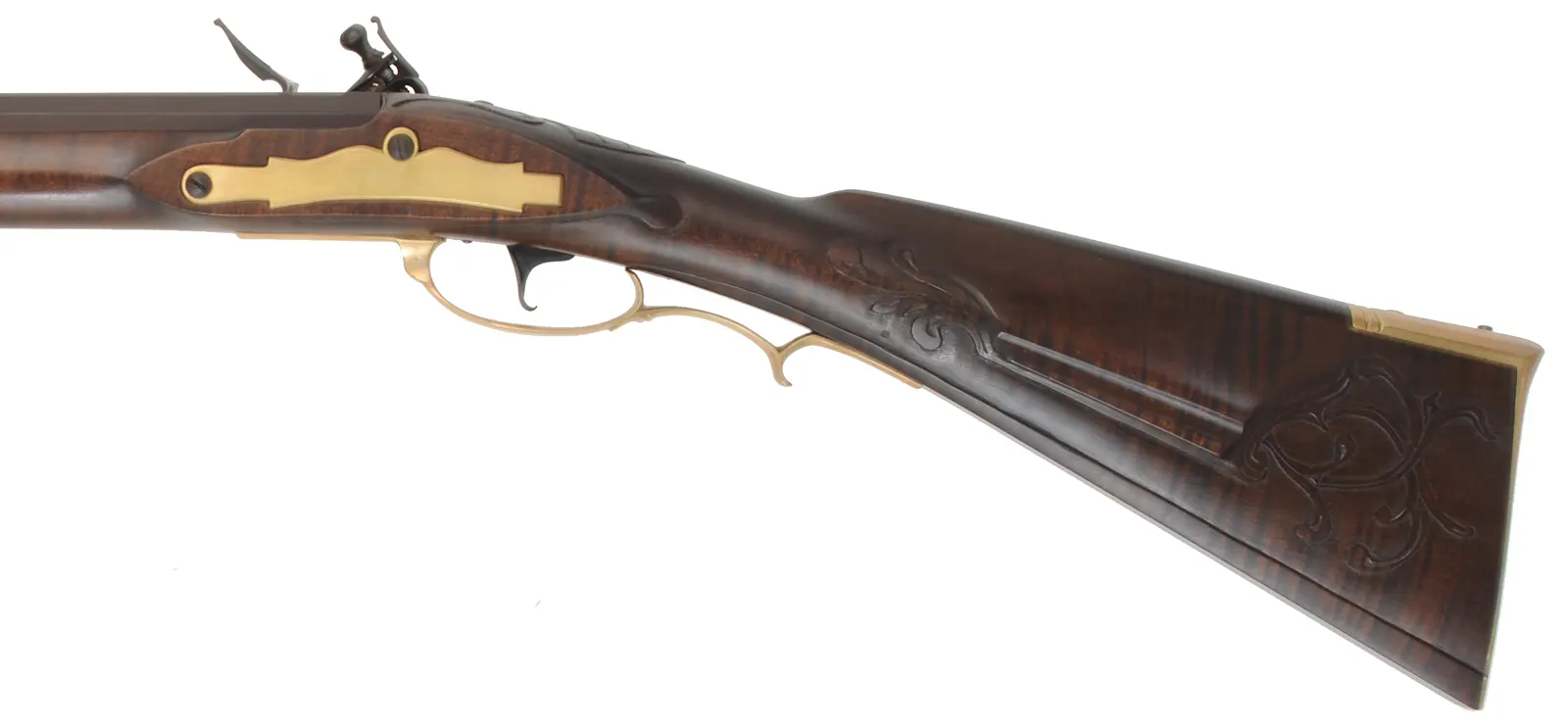 Reading, Pennsylvania Smoothrifle,
20 gauge, 42" octagon-to-round barrel,
flintlock, maple, brass,
new, by G. Rasche Reading, Pennsylvania Smoothrifle,
20 gauge, 42" octagon-to-round barrel,
flintlock, maple, brass,
new, by G. Rasche