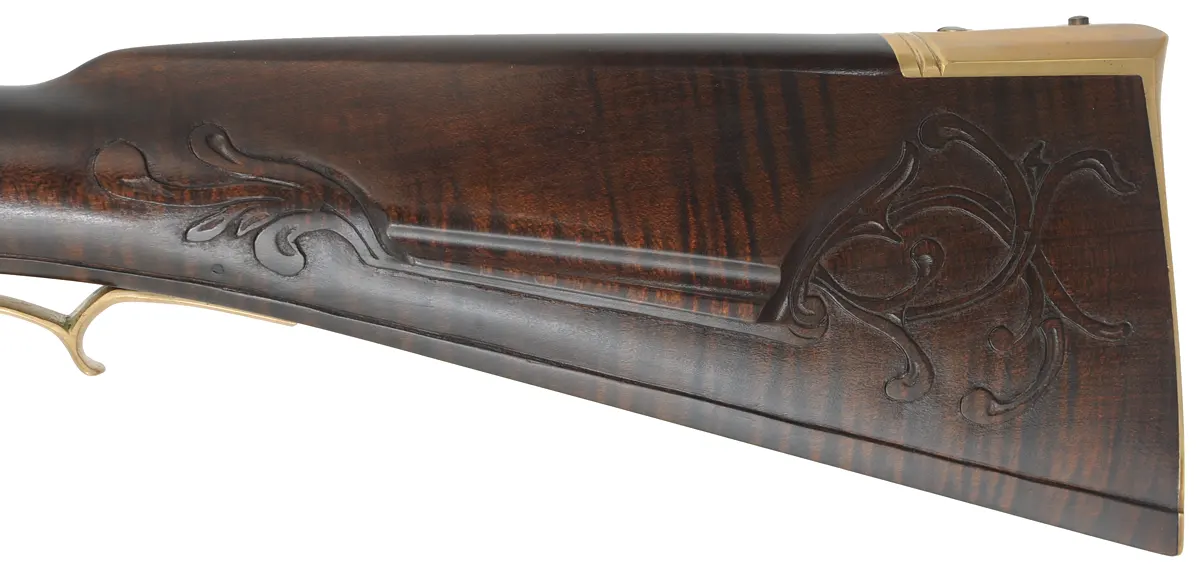 Reading, Pennsylvania Smoothrifle,
20 gauge, 42" octagon-to-round barrel,
flintlock, maple, brass,
new, by G. Rasche Reading, Pennsylvania Smoothrifle,
20 gauge, 42" octagon-to-round barrel,
flintlock, maple, brass,
new, by G. Rasche