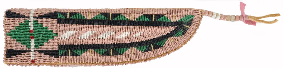 Beaded Knife Sheath,
10" long by 3" wide,
rawhide wrapped in brain tan
