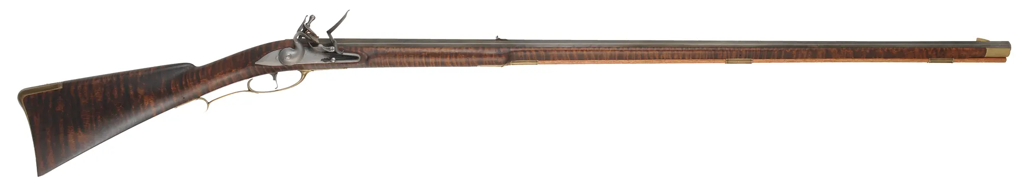 Colonial Longrifle,
.54 caliber, 43-1/2" Rice swamped barrel,
Chambers flintlock, curly maple, brass, used Colonial Longrifle,
.54 caliber, 43-1/2" Rice swamped barrel,
Chambers flintlock, curly maple, brass, used