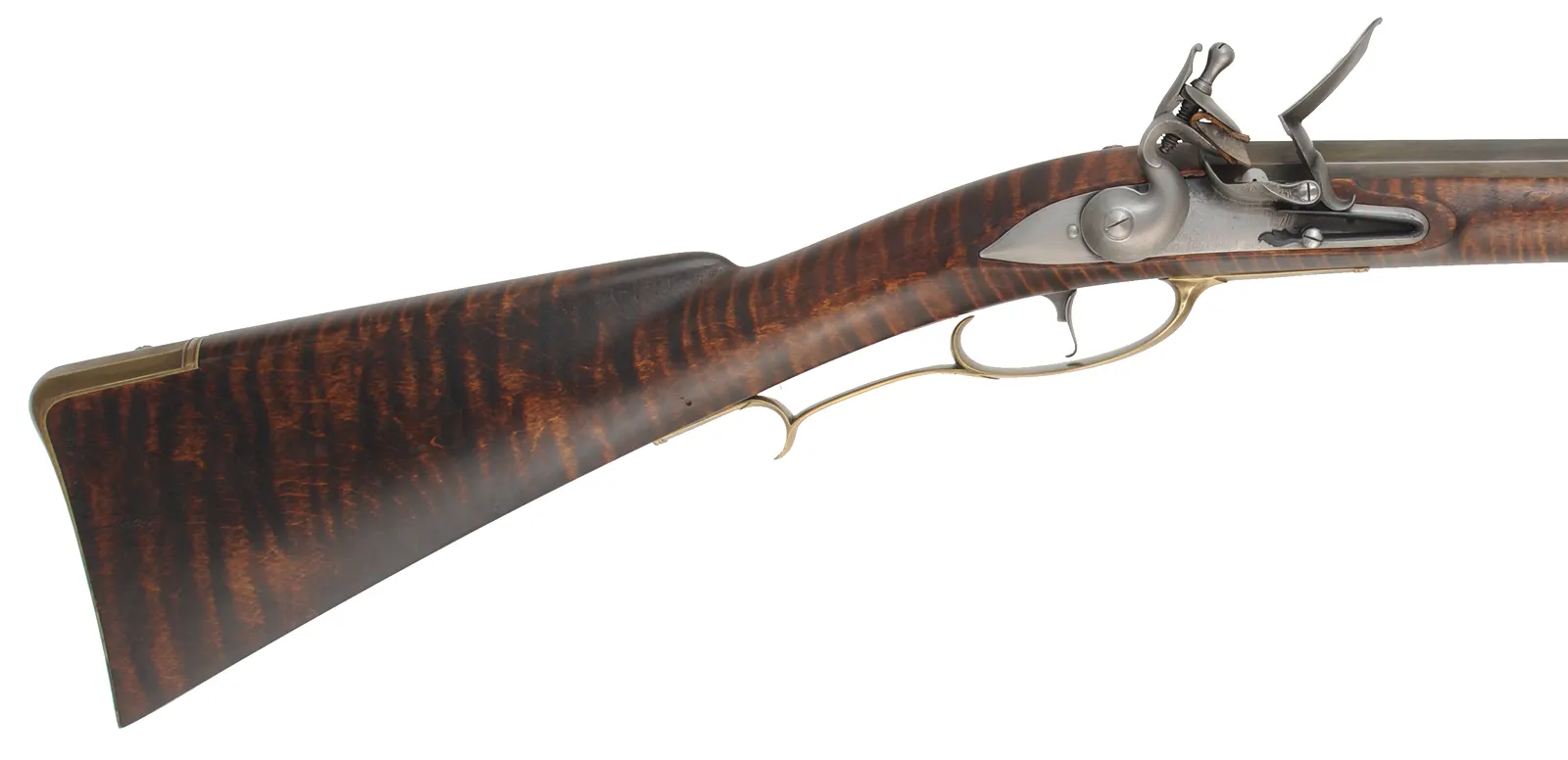 Colonial Longrifle,
.54 caliber, 43-1/2" Rice swamped barrel,
Chambers flintlock, curly maple, brass, used Colonial Longrifle,
.54 caliber, 43-1/2" Rice swamped barrel,
Chambers flintlock, curly maple, brass, used