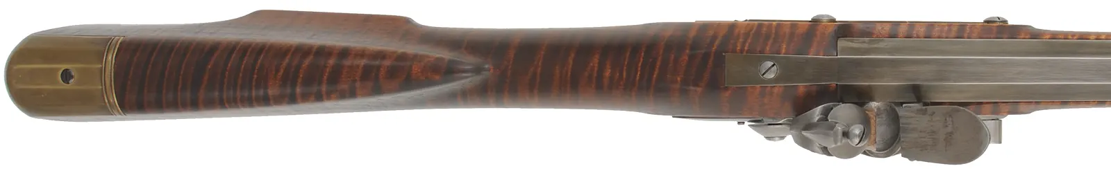 Colonial Longrifle,
.54 caliber, 43-1/2" Rice swamped barrel,
Chambers flintlock, curly maple, brass, used Colonial Longrifle,
.54 caliber, 43-1/2" Rice swamped barrel,
Chambers flintlock, curly maple, brass, used