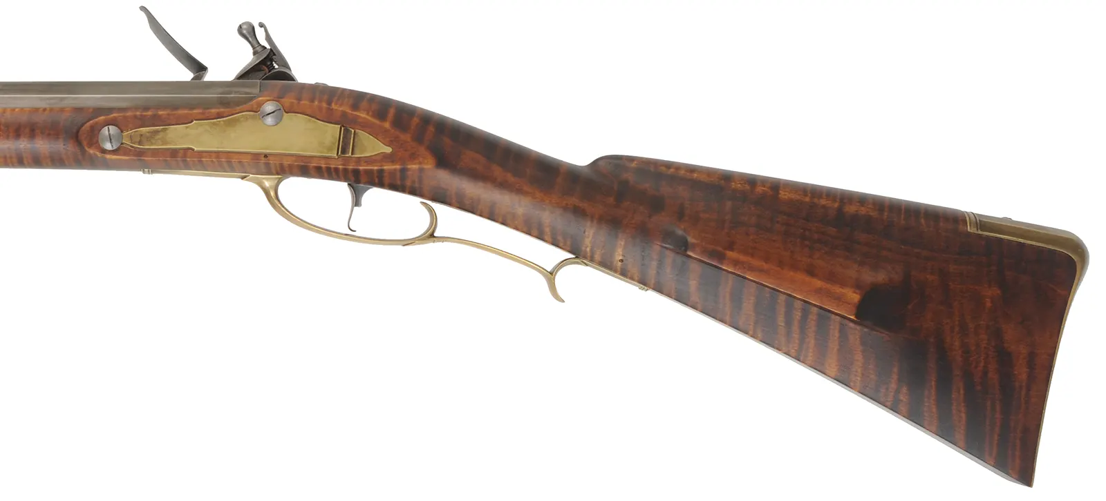 Colonial Longrifle,
.54 caliber, 43-1/2" Rice swamped barrel,
Chambers flintlock, curly maple, brass, used Colonial Longrifle,
.54 caliber, 43-1/2" Rice swamped barrel,
Chambers flintlock, curly maple, brass, used