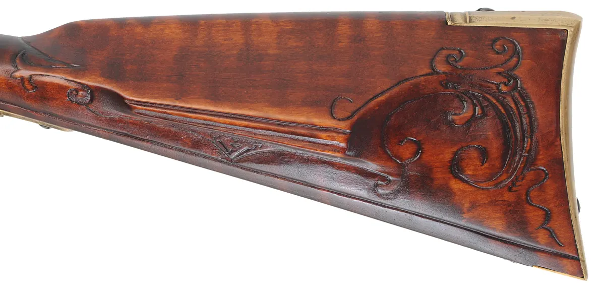 Lancaster County Longrifle,
.50 caliber, 42" swamped Rice barrel,
Chambers flintlock, maple, brass, 
new, by R. Buchanan 