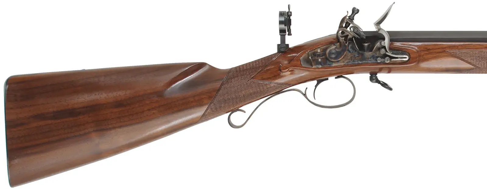 Mortimer Target Rifle,
.54 caliber, 35-1/2" octagon-to-round barrel,
flintlock, checkered walnut, iron trim, globe & tang sight,
unfired, by Davide Pedersoli Mortimer Target Rifle,
.54 caliber, 35-1/2" octagon-to-round barrel,
flintlock, checkered walnut, iron trim, globe & tang sight,
unfired, by Davide Pedersoli