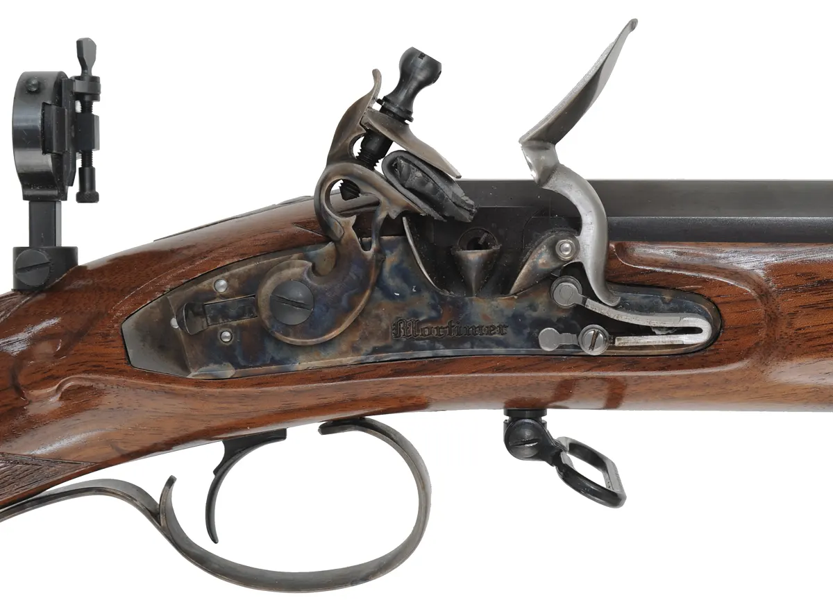 Mortimer Target Rifle,
.54 caliber, 35-1/2" octagon-to-round barrel,
flintlock, checkered walnut, iron trim, globe & tang sight,
unfired, by Davide Pedersoli Mortimer Target Rifle,
.54 caliber, 35-1/2" octagon-to-round barrel,
flintlock, checkered walnut, iron trim, globe & tang sight,
unfired, by Davide Pedersoli