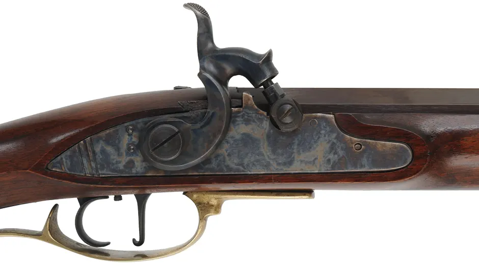 Frontier Longrifle,
.50 caliber, 39" barrel,
percussion, walnut, brass,
used, by Davide Pedersoli Frontier Longrifle,
.50 caliber, 39" barrel,
percussion, walnut, brass,
used, by Davide Pedersoli