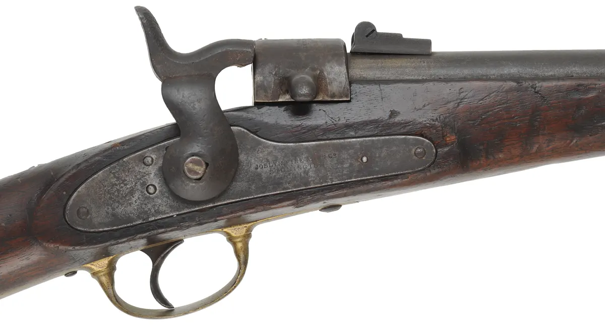 Joslyn Model 1862 Carbine,
.52 caliber, 22" barrel,
walnut with chip, brass, missing front sight,
incorrect hammer fitted Joslyn Model 1862 Carbine,
.52 caliber, 22" barrel,
walnut with chip, brass, missing front sight,
incorrect hammer fitted