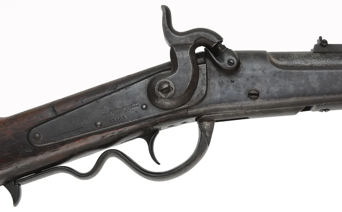 Gallager Carbine,
.52 caliber, 22" barrel,
breechloading percussion, walnut,
antique by Richardson & Overman, Phila. Gallager Carbine,
.52 caliber, 22" barrel,
breechloading percussion, walnut,
antique by Richardson & Overman, Phila.