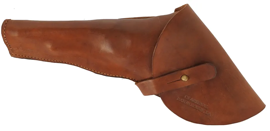 Military Flap Holster,
worn on the right side, butt forward,
with CS Arsenal Baton Rouge LA marking on flap, used
