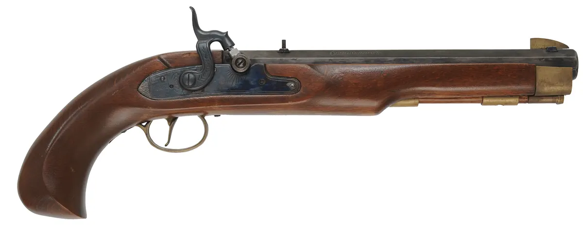 Kentucky Pistol,
.50 caliber, 9-7/8" octagon barrel,
Maslin percussion lock, beech, brass trim,
used, from a kit by CVA - Connecticut Valley Arms Kentucky Pistol,
.50 caliber, 9-7/8" octagon barrel,
Maslin percussion lock, beech, brass trim,
used, from a kit by CVA - Connecticut Valley Arms