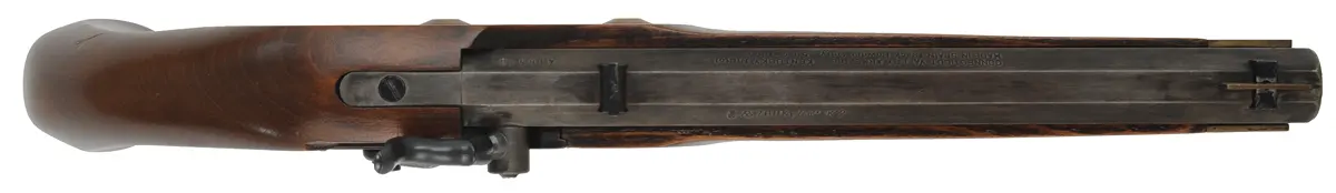 Kentucky Pistol,
.50 caliber, 9-7/8" octagon barrel,
Maslin percussion lock, beech, brass trim,
used, from a kit by CVA - Connecticut Valley Arms Kentucky Pistol,
.50 caliber, 9-7/8" octagon barrel,
Maslin percussion lock, beech, brass trim,
used, from a kit by CVA - Connecticut Valley Arms