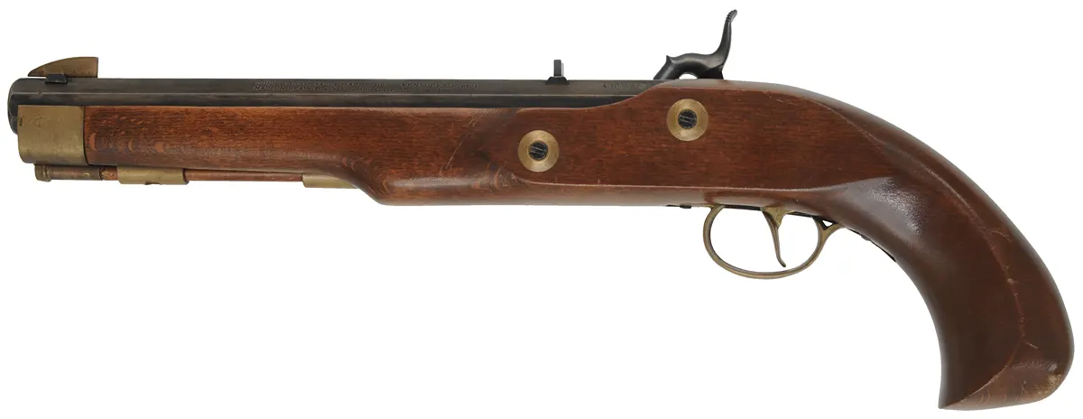 Kentucky Pistol,
.50 caliber, 9-7/8" octagon barrel,
Maslin percussion lock, beech, brass trim,
used, from a kit by CVA - Connecticut Valley Arms Kentucky Pistol,
.50 caliber, 9-7/8" octagon barrel,
Maslin percussion lock, beech, brass trim,
used, from a kit by CVA - Connecticut Valley Arms