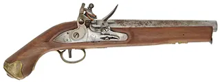 Smoothbore Pistol,
.69 caliber smoothbore, 9" barrel, 
flintlock, beech, brass, 
used, made in Japan by Miroku