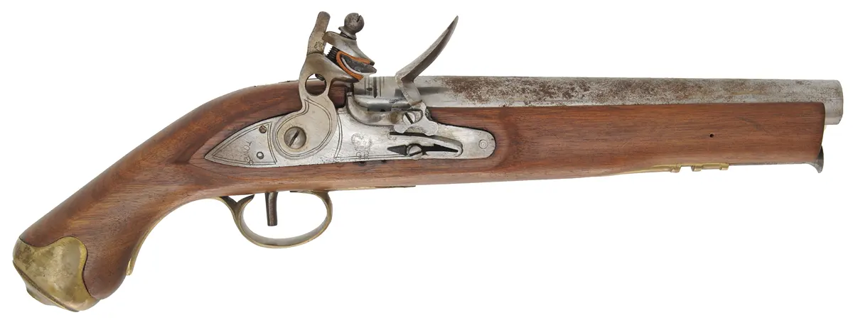 Smoothbore Pistol,
.69 caliber smoothbore, 9" barrel,
flintlock, beech, brass,
used, made in Japan by Miroku Smoothbore Pistol,
.69 caliber smoothbore, 9" barrel,
flintlock, beech, brass,
used, made in Japan by Miroku