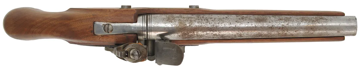 Smoothbore Pistol,
.69 caliber smoothbore, 9" barrel,
flintlock, beech, brass,
used, made in Japan by Miroku Smoothbore Pistol,
.69 caliber smoothbore, 9" barrel,
flintlock, beech, brass,
used, made in Japan by Miroku