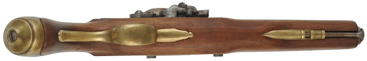 Smoothbore Pistol,
.69 caliber smoothbore, 9" barrel,
flintlock, beech, brass,
used, made in Japan by Miroku Smoothbore Pistol,
.69 caliber smoothbore, 9" barrel,
flintlock, beech, brass,
used, made in Japan by Miroku
