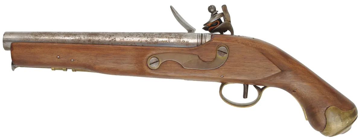 Smoothbore Pistol,
.69 caliber smoothbore, 9" barrel,
flintlock, beech, brass,
used, made in Japan by Miroku Smoothbore Pistol,
.69 caliber smoothbore, 9" barrel,
flintlock, beech, brass,
used, made in Japan by Miroku