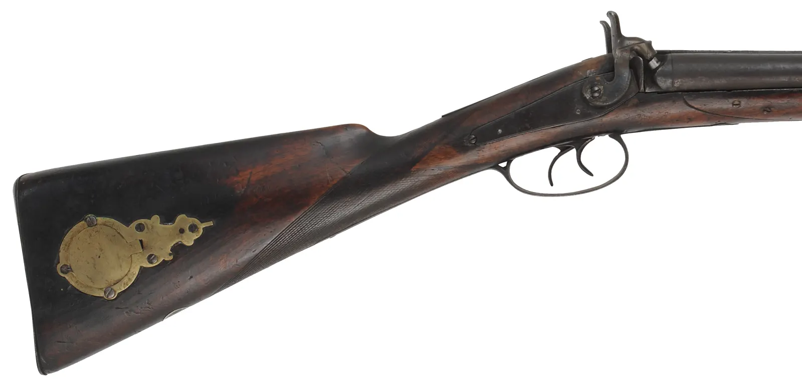 Decorator ~ Antique Cape Gun,
13 gauge & .38 caliber, 32" barrels,
back action percussion locks, 
repaired walnut stock, iron & brass trim

