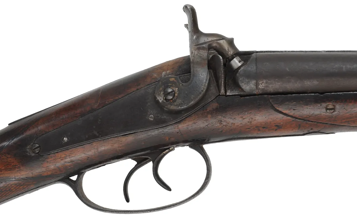 Decorator ~ Antique Cape Gun,
13 gauge & .38 caliber, 32" barrels,
back action percussion locks, 
repaired walnut stock, iron & brass trim

