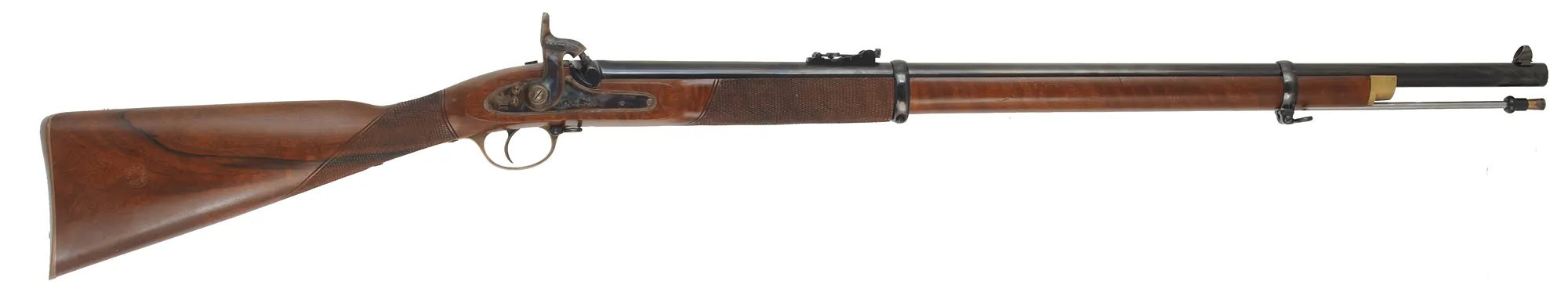 Enfield Volunteer Rifle,
.451 caliber fast twist for bullet, 33" barrel,
percussion, checkered walnut, two band,
used, made in England by Parker Hale Enfield Volunteer Rifle,
.451 caliber fast twist for bullet, 33" barrel,
percussion, checkered walnut, two band,
used, made in England by Parker Hale