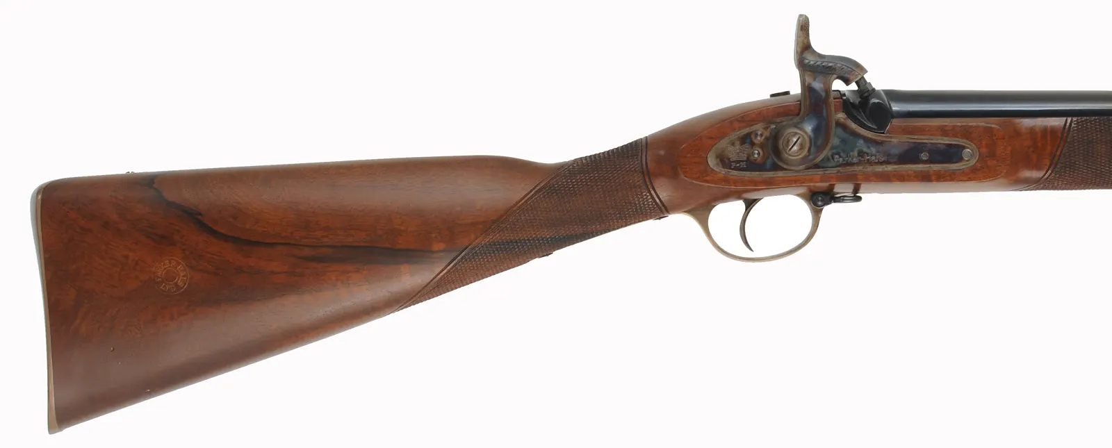 Enfield Volunteer Rifle,
.451 caliber fast twist for bullet, 33" barrel,
percussion, checkered walnut, two band,
used, made in England by Parker Hale Enfield Volunteer Rifle,
.451 caliber fast twist for bullet, 33" barrel,
percussion, checkered walnut, two band,
used, made in England by Parker Hale