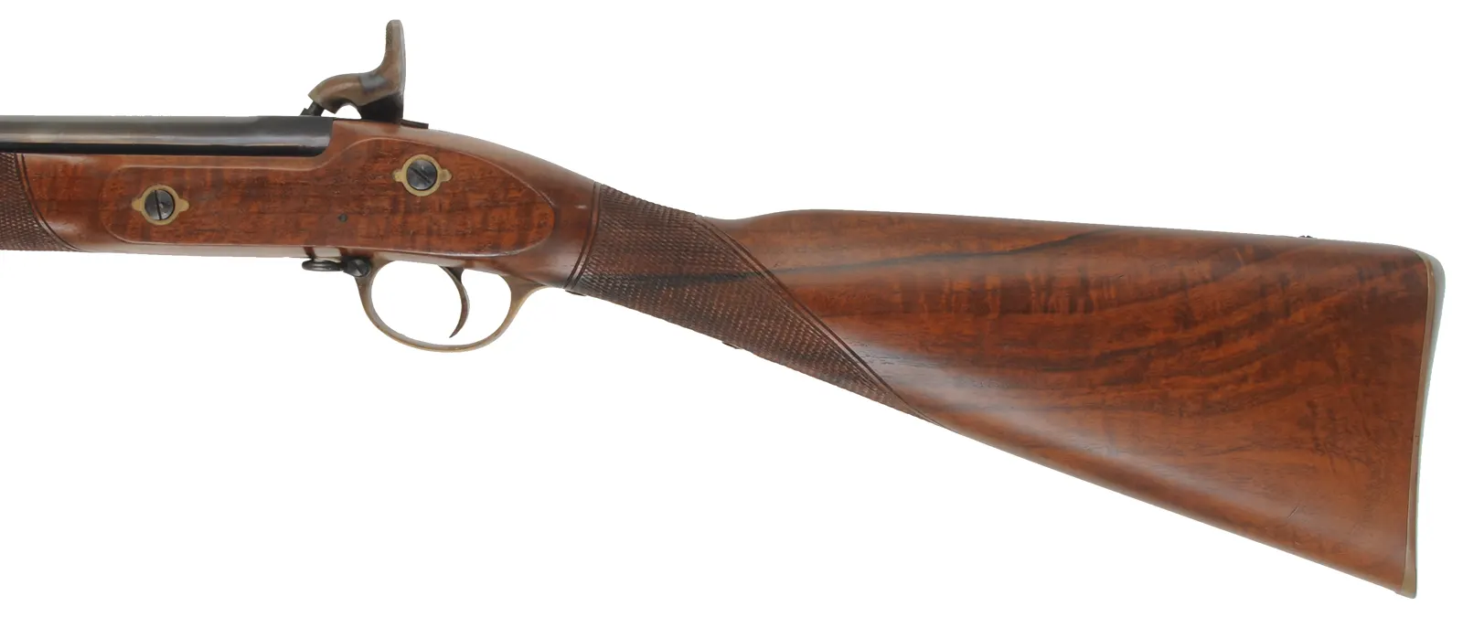 Enfield Volunteer Rifle,
.451 caliber fast twist for bullet, 33" barrel,
percussion, checkered walnut, two band,
used, made in England by Parker Hale Enfield Volunteer Rifle,
.451 caliber fast twist for bullet, 33" barrel,
percussion, checkered walnut, two band,
used, made in England by Parker Hale
