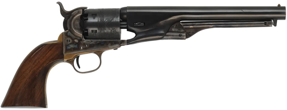 1861 Colt Navy Revolver,
.36 caliber, 7-5/8" barrel,
percussion, walnut, blued,
used, imported by Navy Arms Co. 1861 Colt Navy Revolver,
.36 caliber, 7-5/8" barrel,
percussion, walnut, blued,
used, imported by Navy Arms Co.