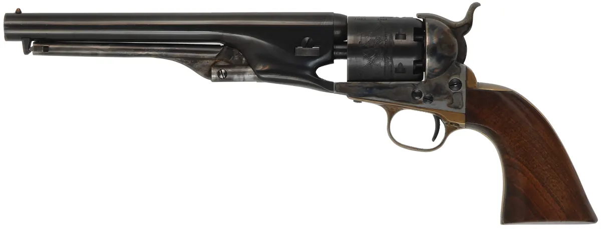 1861 Colt Navy Revolver,
.36 caliber, 7-5/8" barrel,
percussion, walnut, blued,
used, imported by Navy Arms Co. 1861 Colt Navy Revolver,
.36 caliber, 7-5/8" barrel,
percussion, walnut, blued,
used, imported by Navy Arms Co.