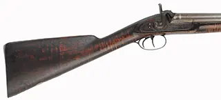 Antique Double Shotgun,
13 gauge, 30" Damascus barrels,
percussion, maple, iron trim, locks marked Mortimer