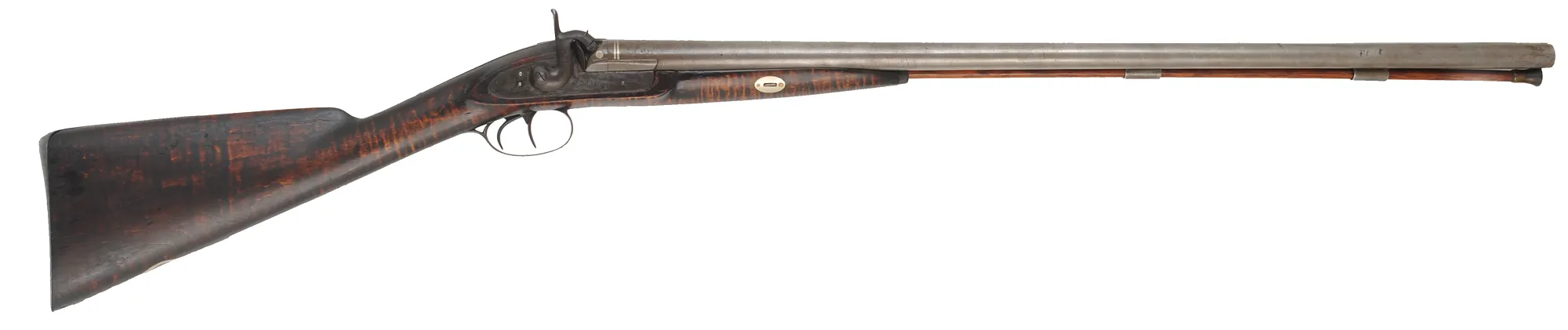 Antique Double Shotgun,
13 gauge, 30" Damascus barrels,
percussion, maple, iron trim, locks marked Mortimer Antique Double Shotgun,
13 gauge, 30" Damascus barrels,
percussion, maple, iron trim, locks marked Mortimer