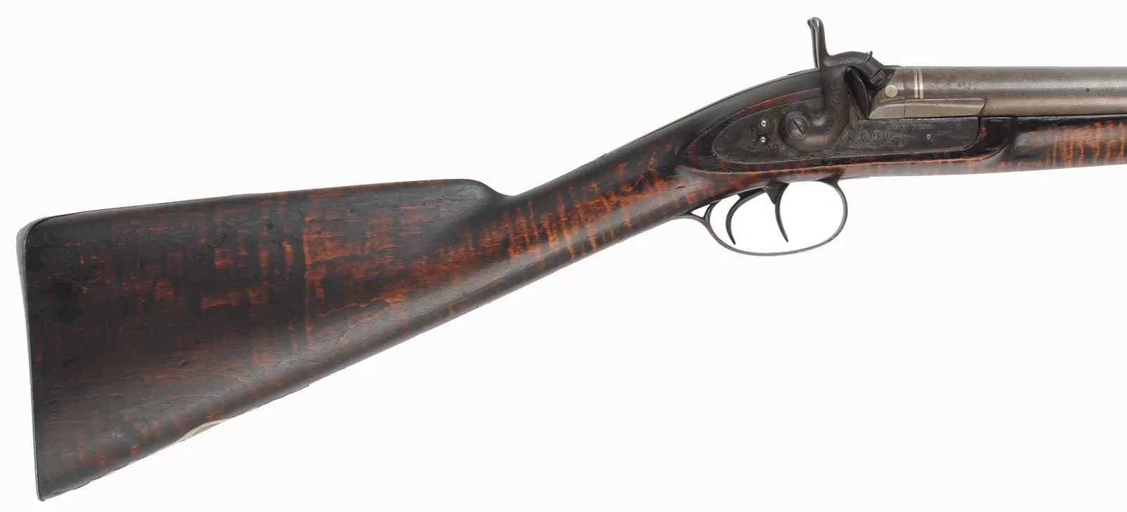 Antique Double Shotgun,
13 gauge, 30" Damascus barrels,
percussion, maple, iron trim, locks marked Mortimer Antique Double Shotgun,
13 gauge, 30" Damascus barrels,
percussion, maple, iron trim, locks marked Mortimer